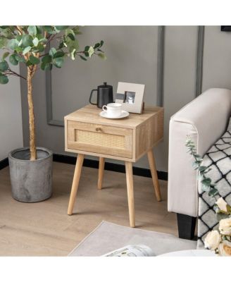 2 PCS Nightstand Bedside Sofa Table with Rattan Drawer for Bedroom & Living Room