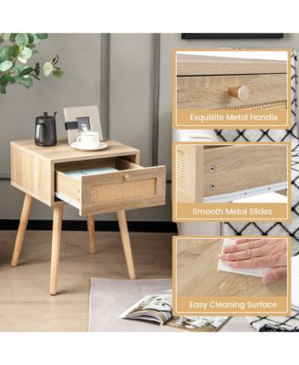2 PCS Nightstand Bedside Sofa Table with Rattan Drawer for Bedroom & Living Room