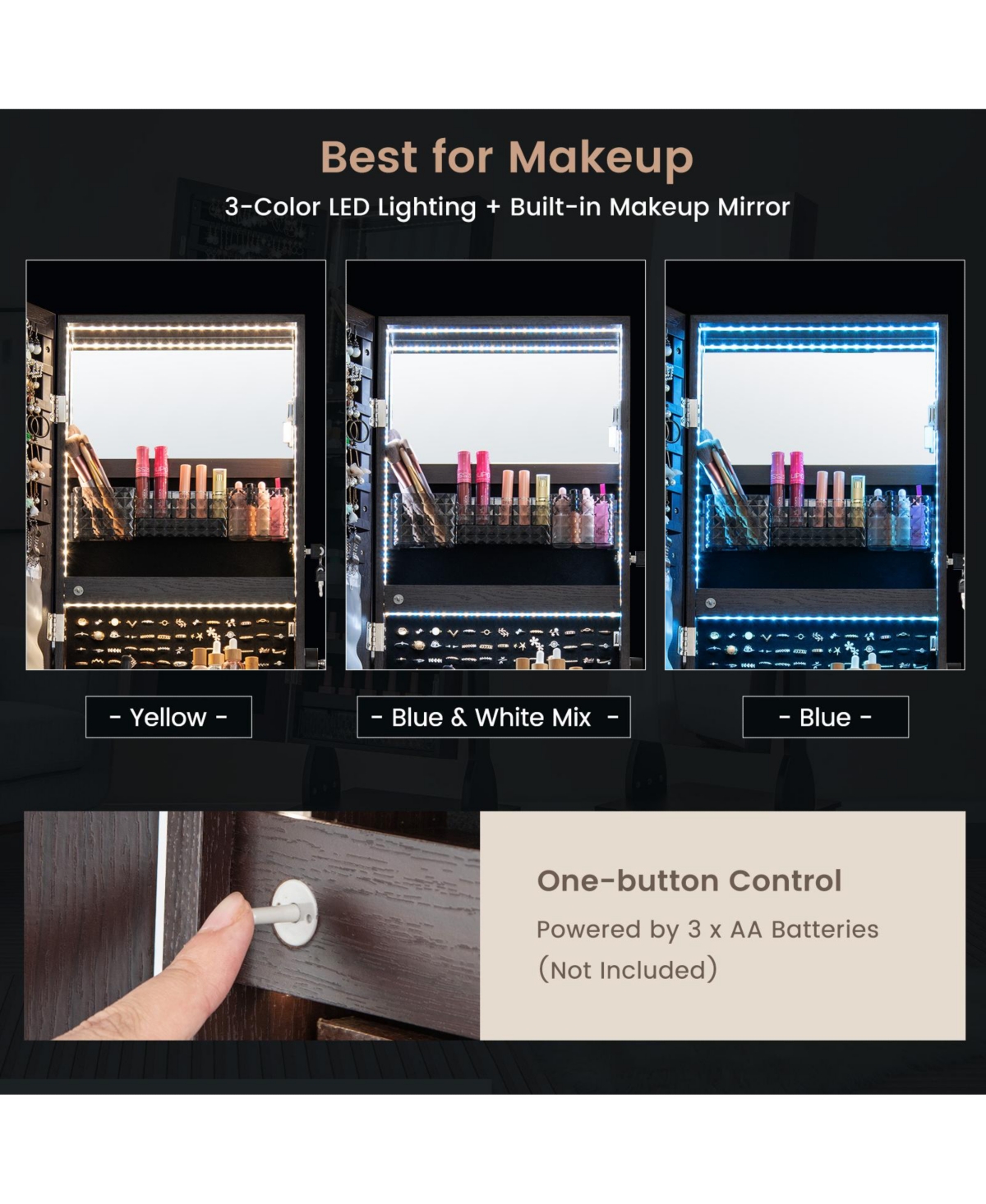 Sugift Lockable Jewelry Cabinet Armoire with 3-Color Led Lights