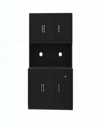 71" Kitchen Pantry Storage Cabinet with Microwave Oven Countertop, Freestanding Hutch Cabinet with Adjustable Shelves, 6 Doors and 1 Drawer-Black