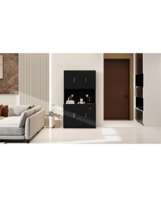 71" Kitchen Pantry Storage Cabinet with Microwave Oven Countertop, Freestanding Hutch Cabinet with Adjustable Shelves, 6 Doors and 1 Drawer-Black