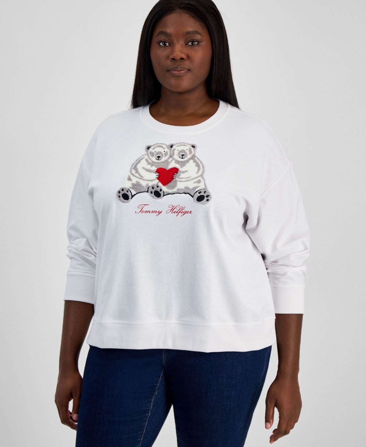 Tommy Hilfiger Plus Size Chenille Bear Sweatshirt In Bright White