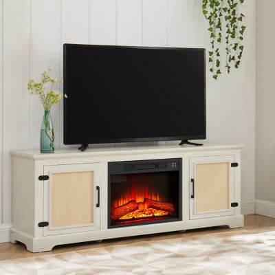 Farmhouse Rattan TV Stand with Electric Fireplace, 65"W