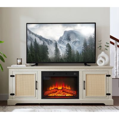 Farmhouse Rattan TV Stand with Electric Fireplace, 65"W