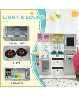 Play Kitchen Set for Kids, Kids Kitchen Playset with Lights Sounds, Apron and Chef Hat, Ice Maker, Microwave, Towel Rack, Utensils, Range Hood, Fun with Friends, for Ages 3-6 Years, White