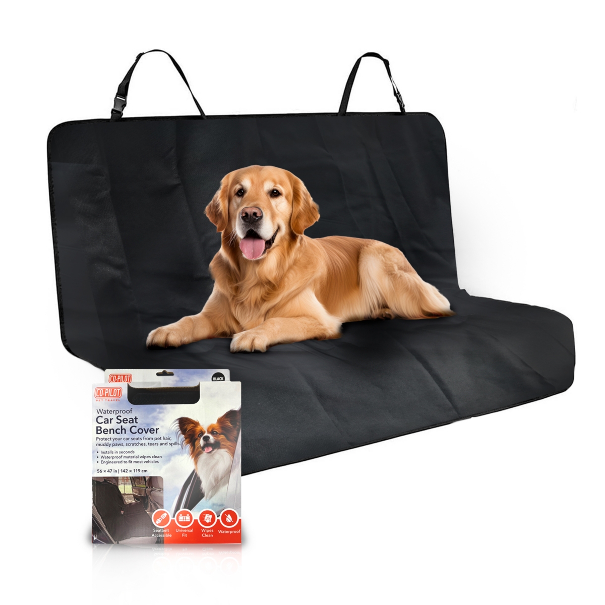 Waterproof Dog Seat Cover for Back Seat - Pet Car Cover, Nonslip Bench Protector for Dogs - Black