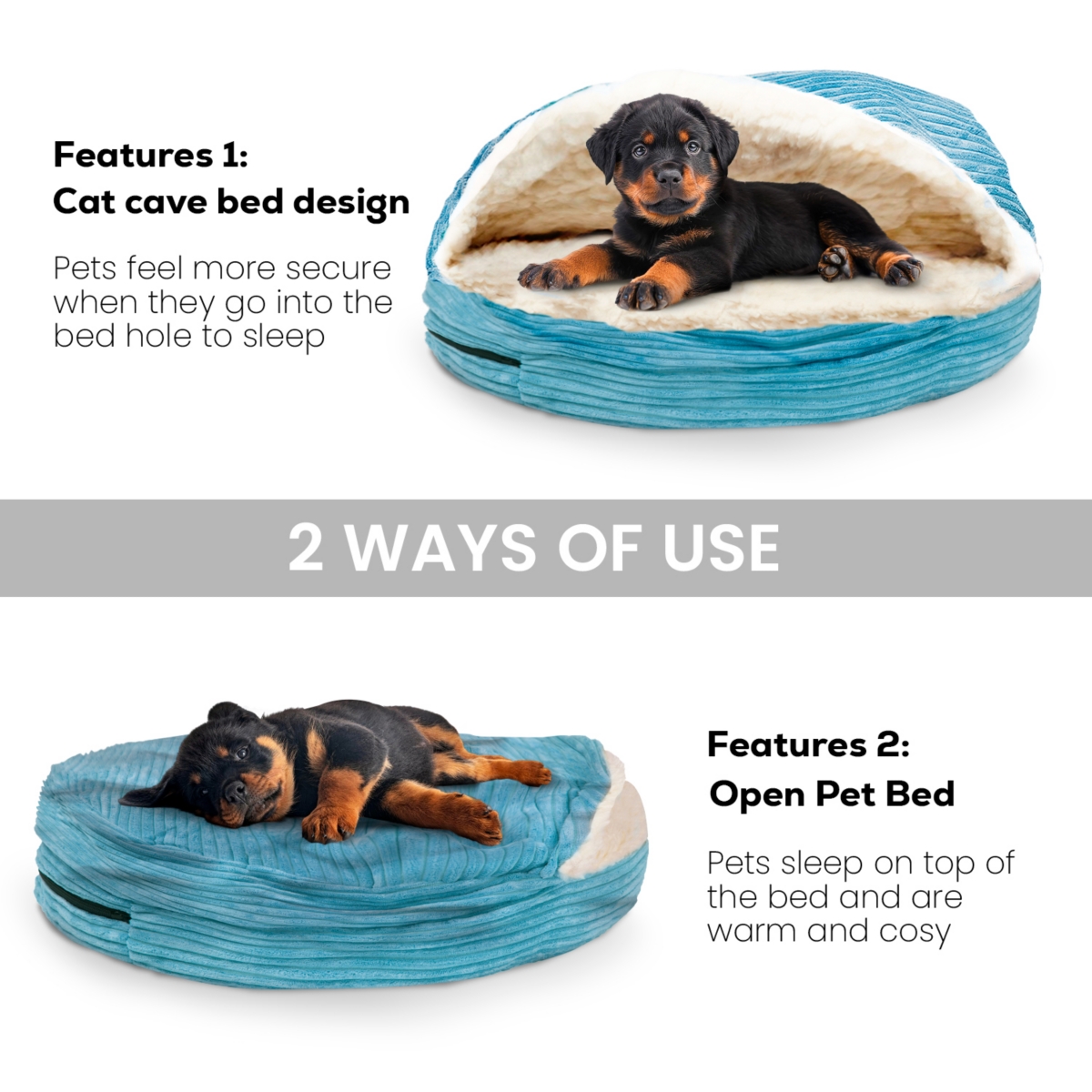 Details Cozy Pet Bed Cave, Hooded Dog Bed Dome for Small Dogs, Washable Pouched Beds in Corduroy and Sherpa Lined