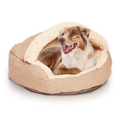 Pet Cave Bed, Calming Hooded Dog Bed with Pouch for Small Dogs and Cats, Herringbone Canvas Fleece Deep Dish