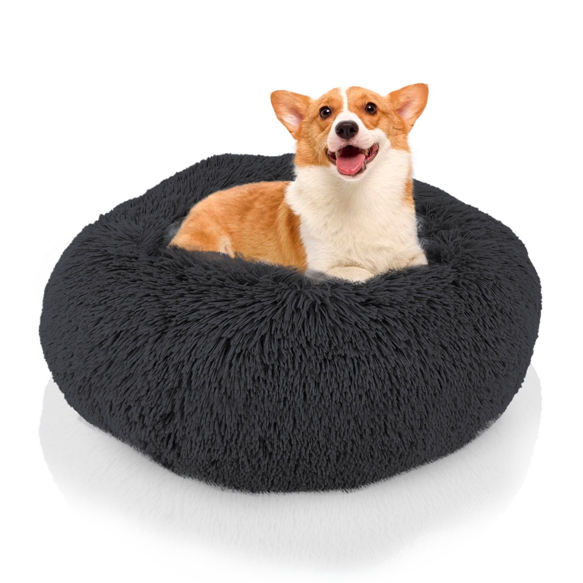 Calming Dog and Cat Bed, Soft Round Donut Bed for Pets, Super Lux, Shaggy Fur Cushion Beds - Charcoal