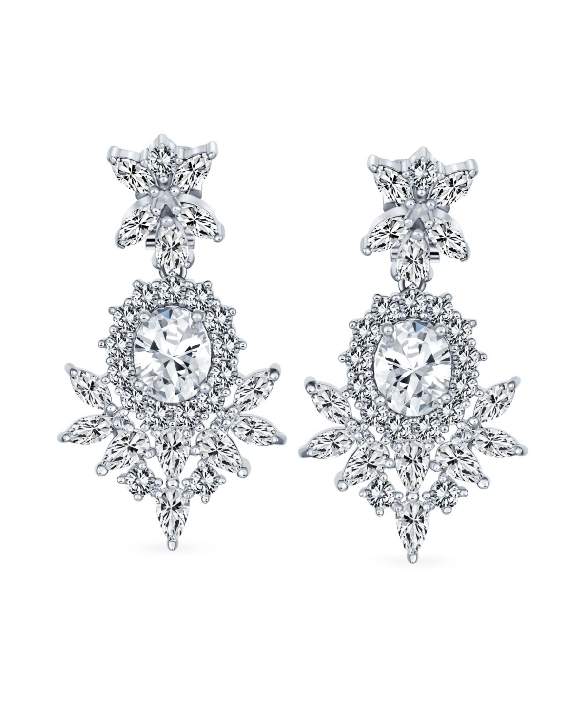 Bling Jewelry Black Cubic Zirconia Statement Dangle Formal Art Deco Style Chandelier Clip On Earrings Prom Silver Plated