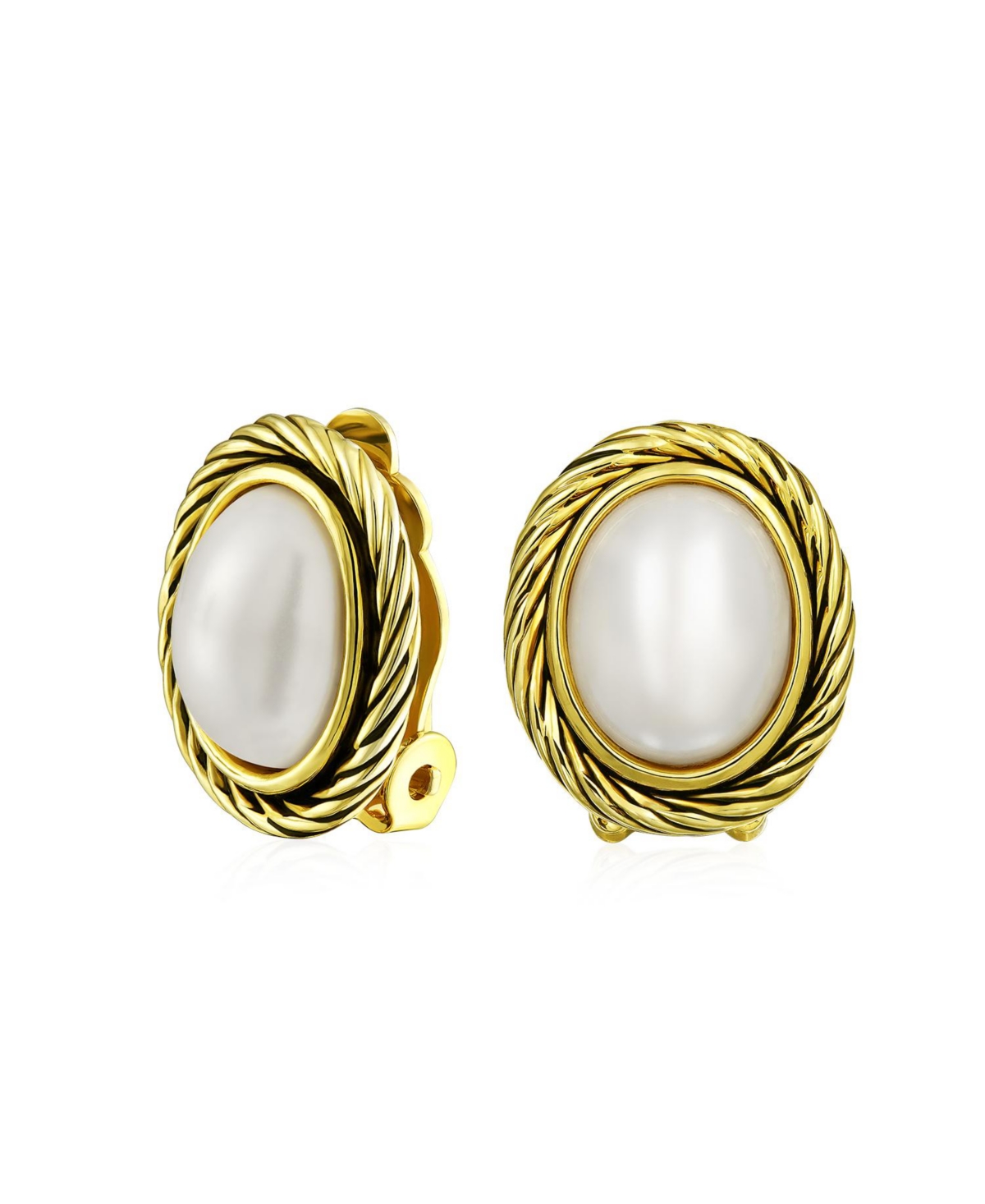 White Simulated Mabe Pearls Clip-On Earrings with Twist Rope Cable Design - Yellow