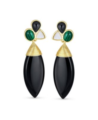 Multi Color Cluster Accent Wire Wrap Large Pointed Pear Shape Natural Onyx Teardrop Drop Earrings Gold Plated