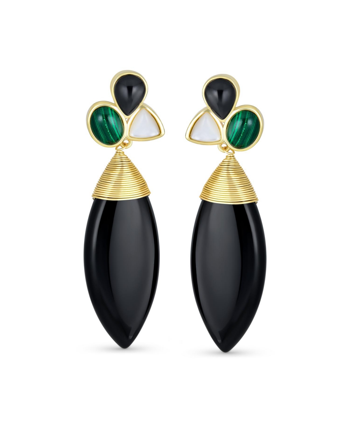 Bling Jewelry Fashion Multi Color Cluster Accent Wire Wrap Pointed Pear Shape Natural Green WhiteOnyx Teardrop Drop Earrings For Women Ye