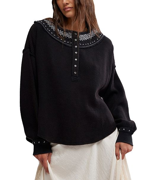 alfani Free People Women's Holly Henley Embroidered Cotton Top Women's Fashion Shoes & Accessories