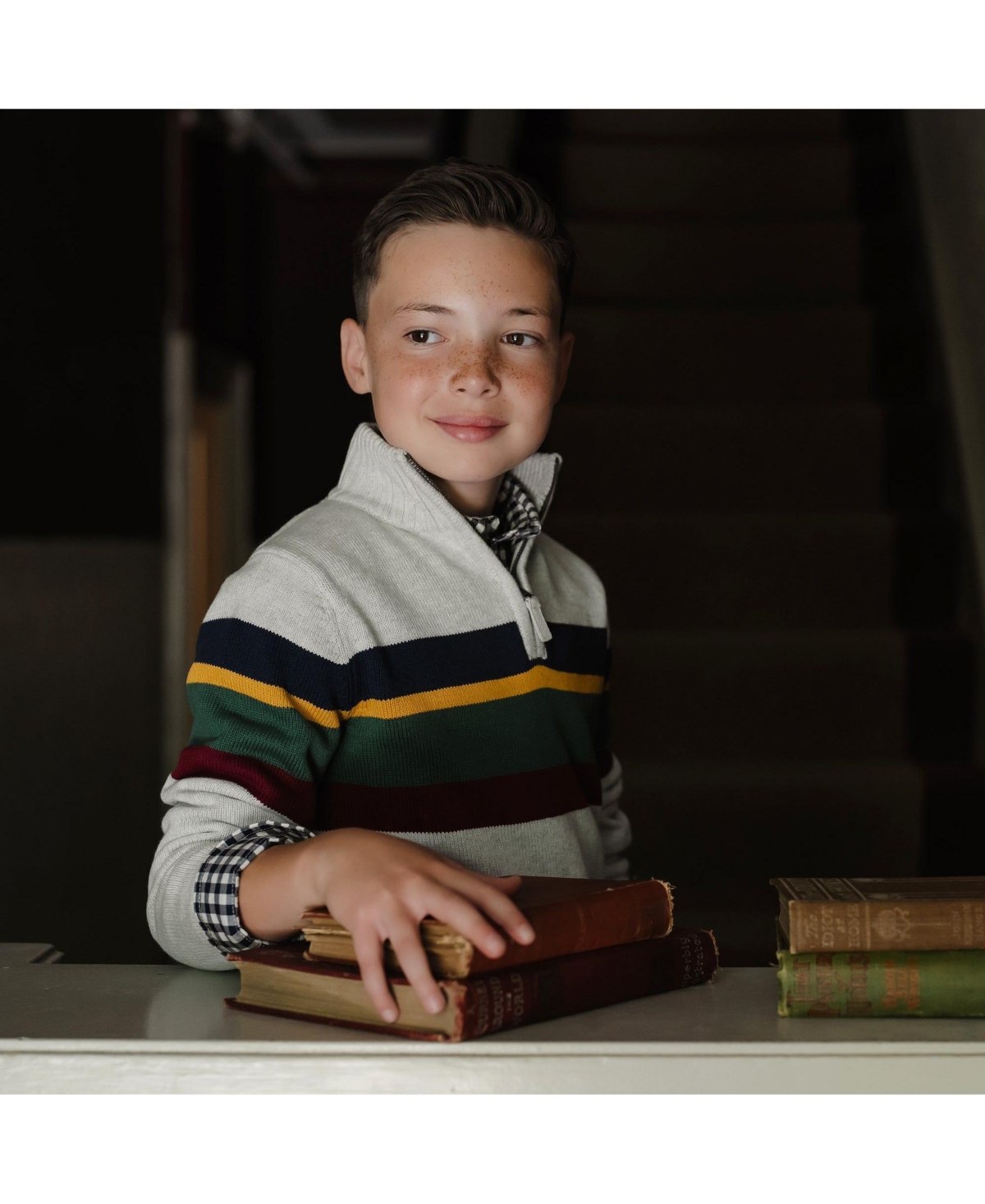 Hope & Henry Boys Organic Long Sleeve Half Zip Sweater with Engineered Stripe - Gray with homeroom stripe