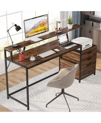 Computer Desk with File Drawer Cabinet, Ergonomic Office Desk with Monitor Stand, Industrial Computer Table with Printer Space, Workstation Desk for Home Office