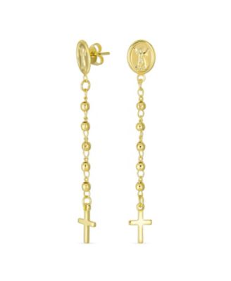 Religious Medallion Long Chain Dangle Angel & Cross Earrings Gold Plated