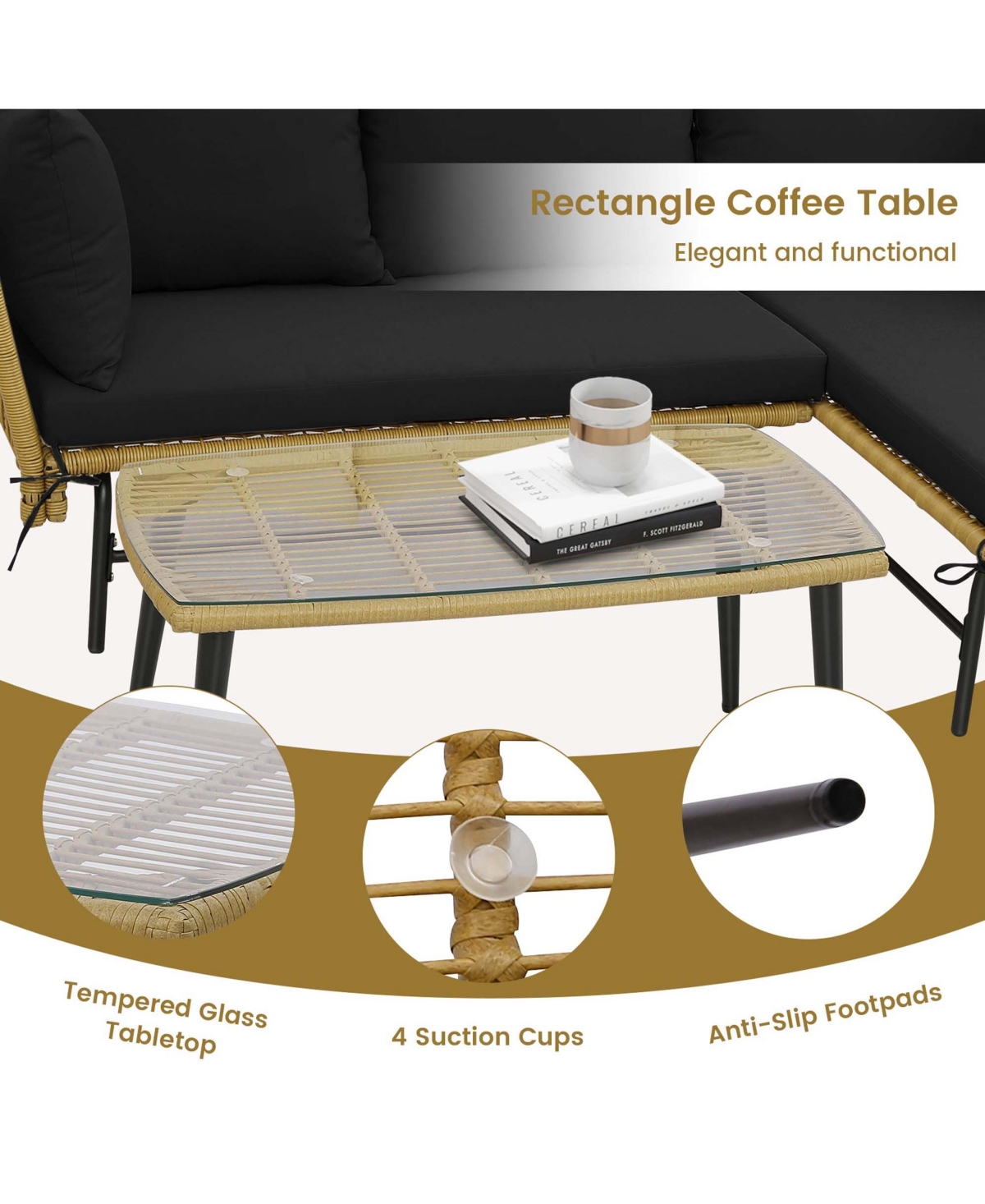 Costway 3 Pcs L-Shaped Patio Sofa Set Conversation Furniture with Cushions Deck Garden