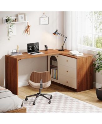 L Shaped Computer Desk with Drawers, Modern Corner Home Office Desk with Reversible Storage Cabinet, Long Study Writing Desk Workstation