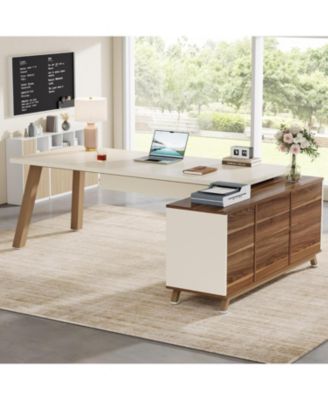 71-Inch Engineered Wood and Metal Large Office Desk with Storage Shelves, Executive L-Shaped Desk