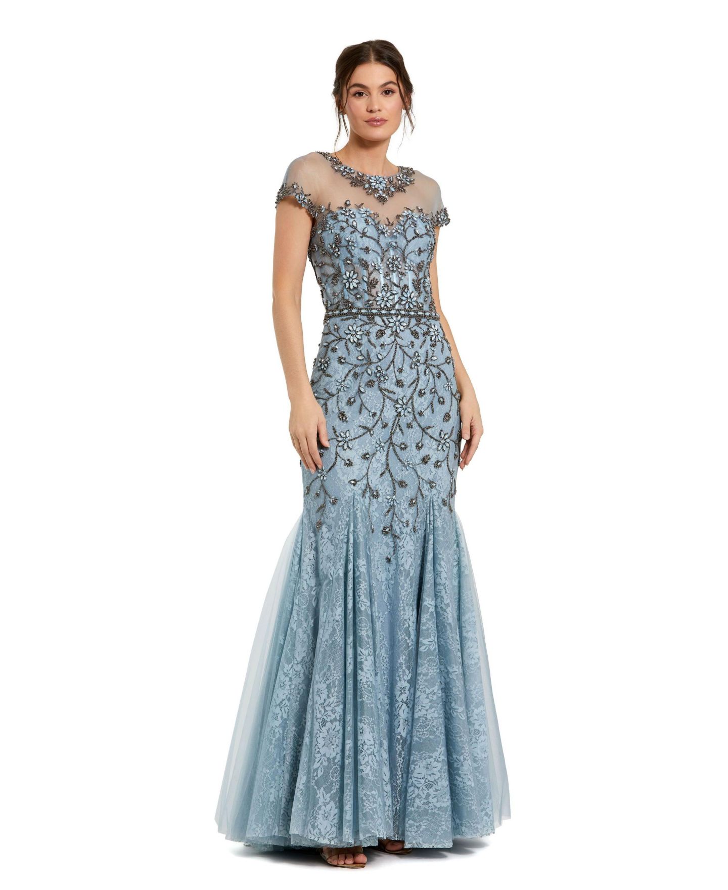 Женские платья Mac Duggal Sheer Top Embellished Mermaid Gown, цвет: Сланцевый синий — фото 1