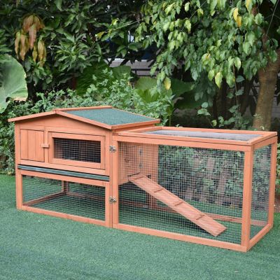 Rabbit Hutch 2-Story Bunny Cage Small Animal House with Slide Out Tray, Detachable Run, for Indoor Outdoor, 61.5" x 23" x 27", Natural