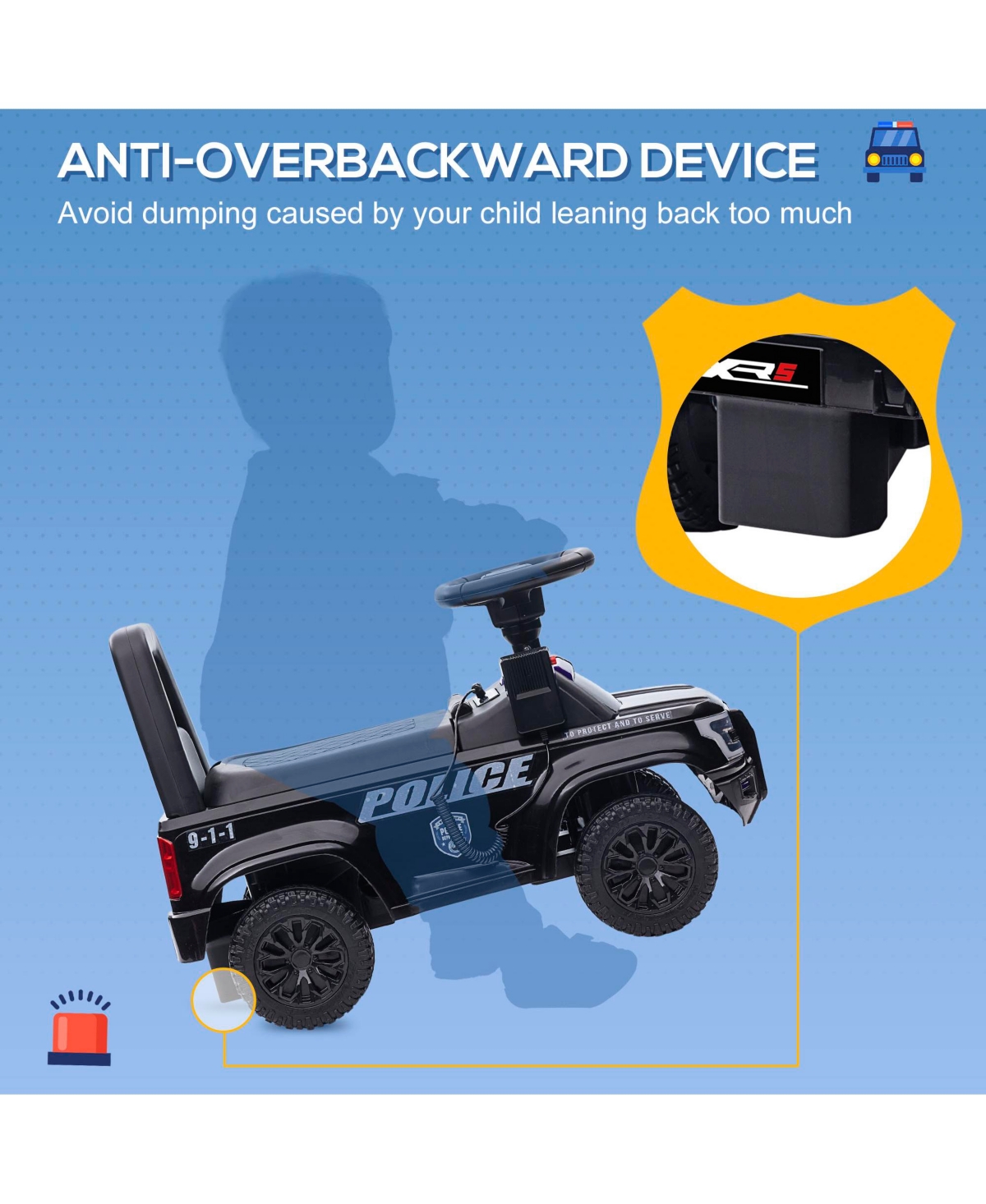 Streamdale Furniture Kids Push Ride On Car with Working Pa System and Horn, Police Truck Style Foot-to-Floor Sliding Car for Boys and Girls with Under