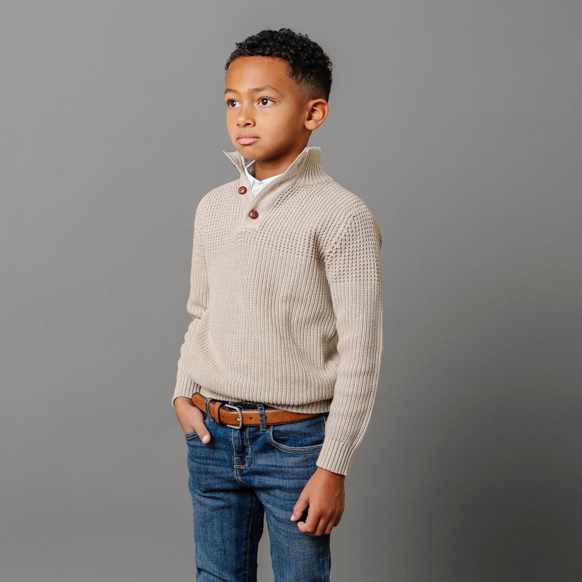 Hope & Henry Boys Organic Long Sleeve Mock Neck Mix Stitch Button Sweater with Elbow Patches