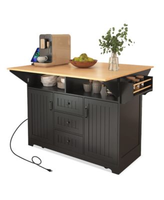 Large Kitchen Island with Drop Leaf, Power Outlet, Storage
