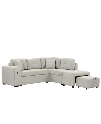 87" L-Shape Sectional Sofa with Pull-out Bed and Ottoman