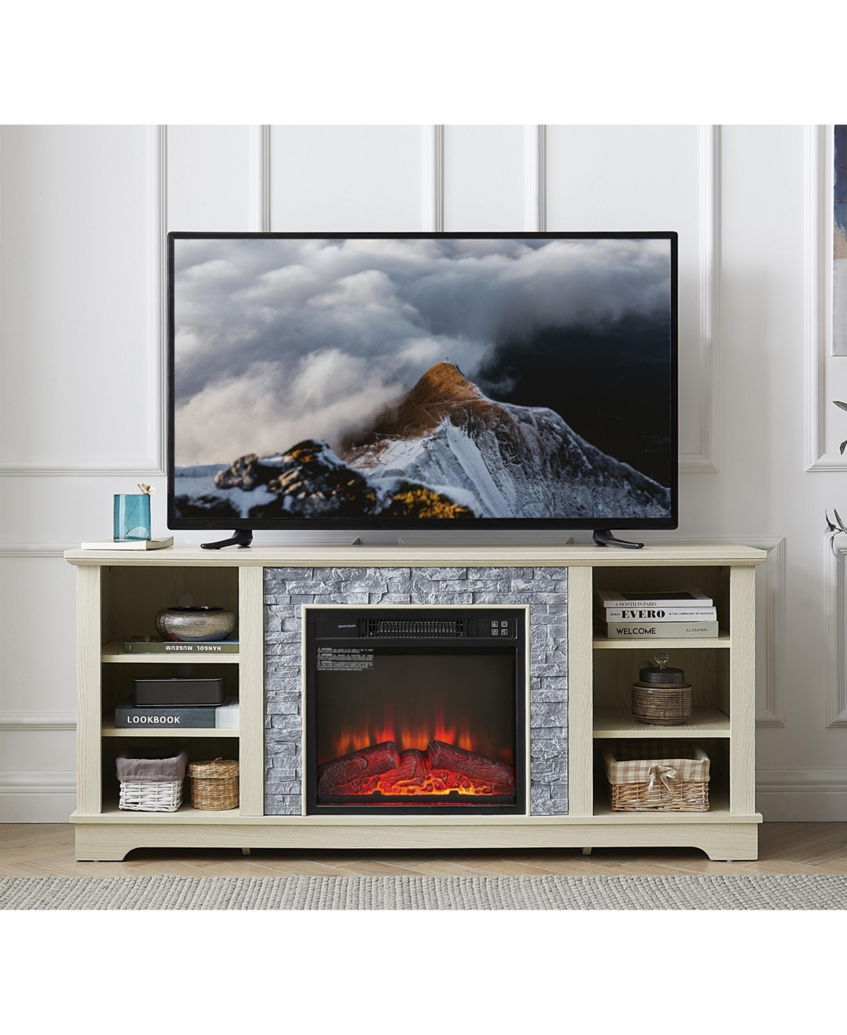 Simplie Fun Mantel Electric Fireplace Stone Tv Media Stand, Open Storage Modern Entertainment Console Space with 18" Fireplace Insert, White, 58.31" W