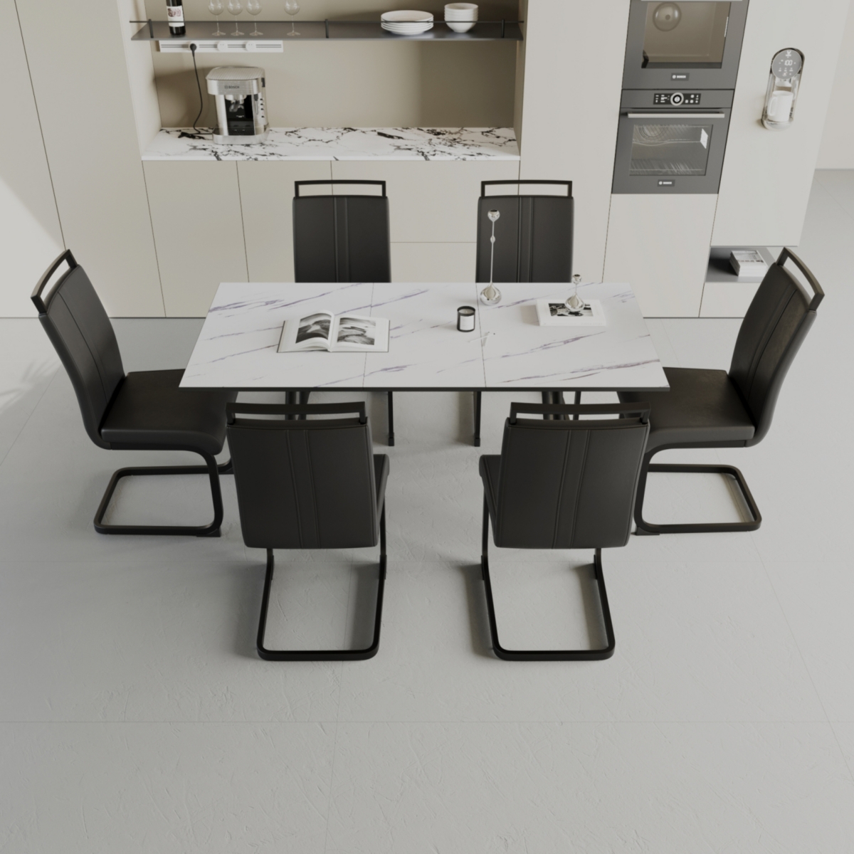Streamdale Furniture An expandable dining table set for 2-6 people, equipped with a C-shaped tubular cushioned armless dining chair and an elegant and