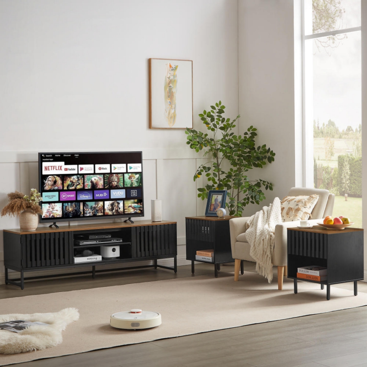 Streamdale Furniture 63 Inch Mid Century Modern Tv Stand with Slatted Grille Striped Doors, Tv Stand with Storage, Entertainment Center for Living Roo