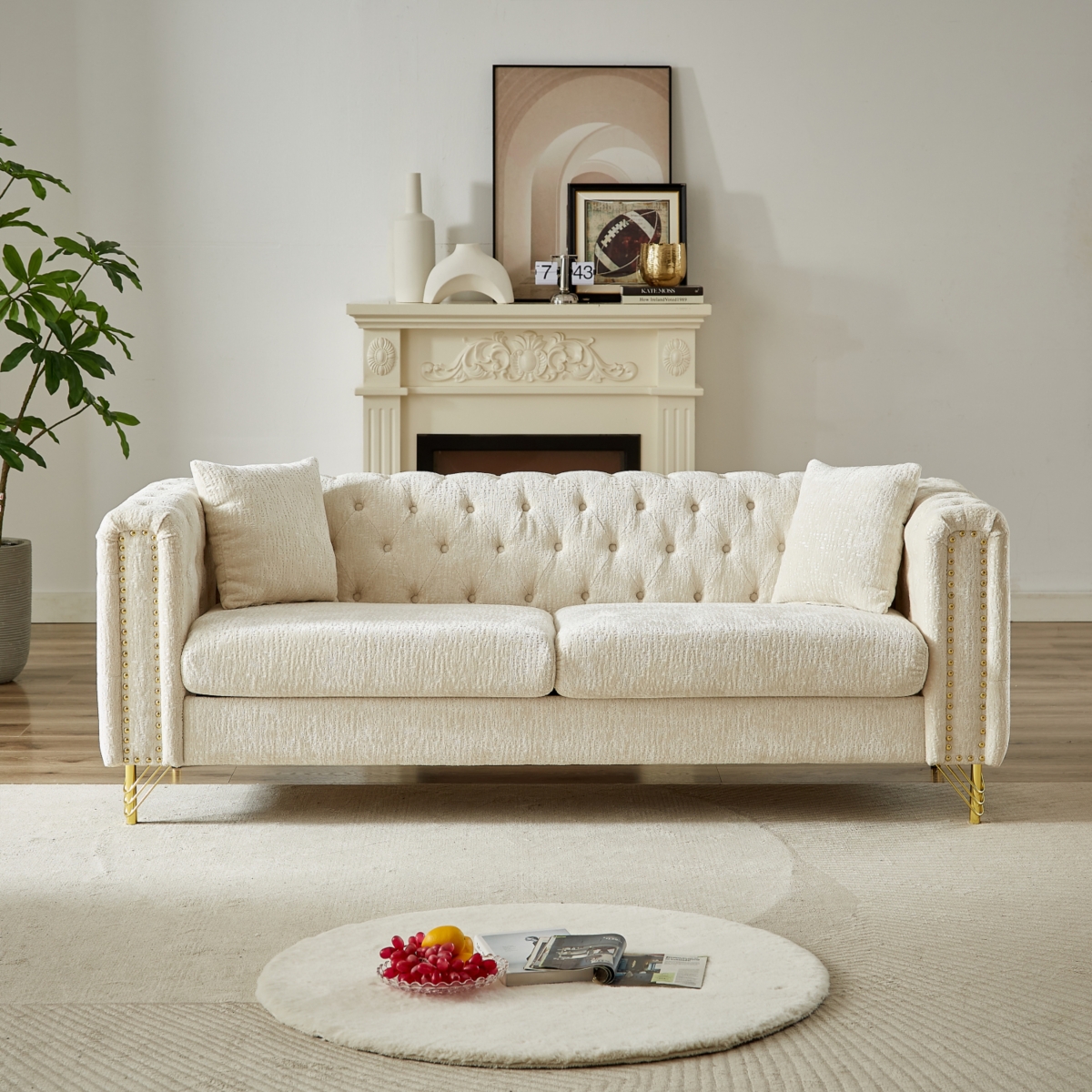 Streamdale Furniture 82-Inch Chenille Pull Buckle Design Sofa for Living Room, Buttons Tufted With Copper Nail Decoration Armrest, Modern Couch Uphols