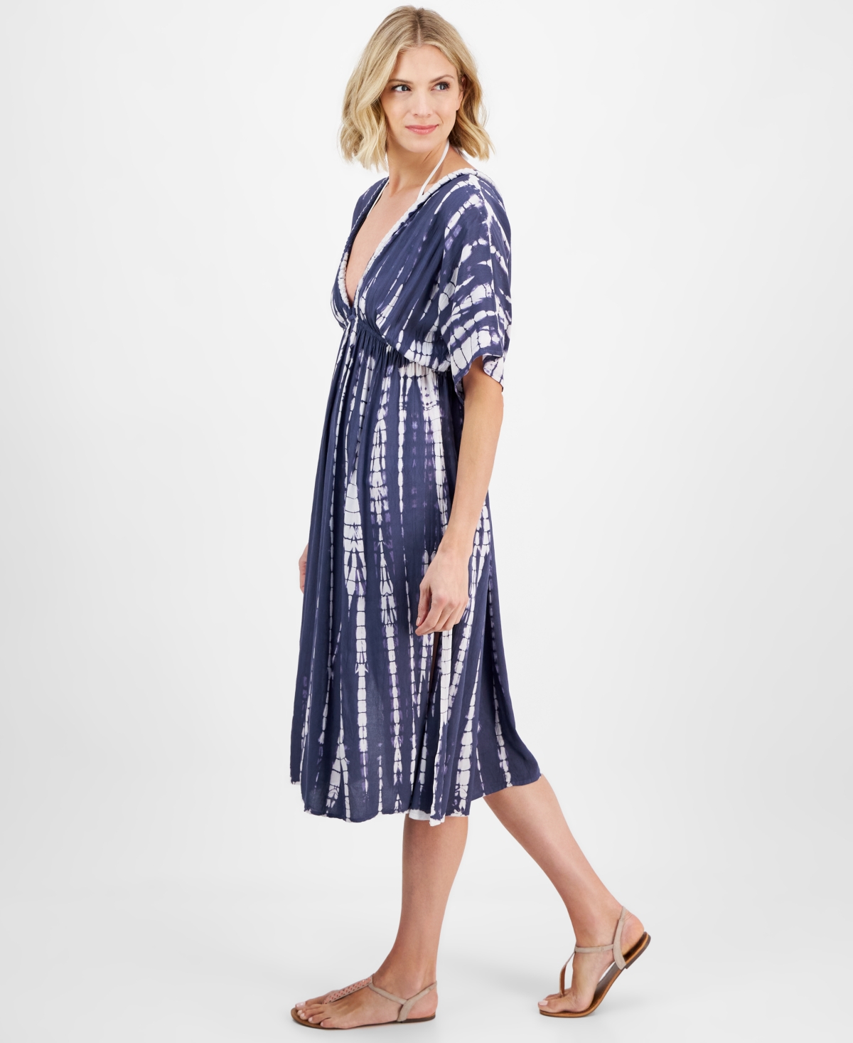 Shop Raviya Women's Tie-dyed Braid-trim V-neck Cover-up Dress In Navy Tie Dye