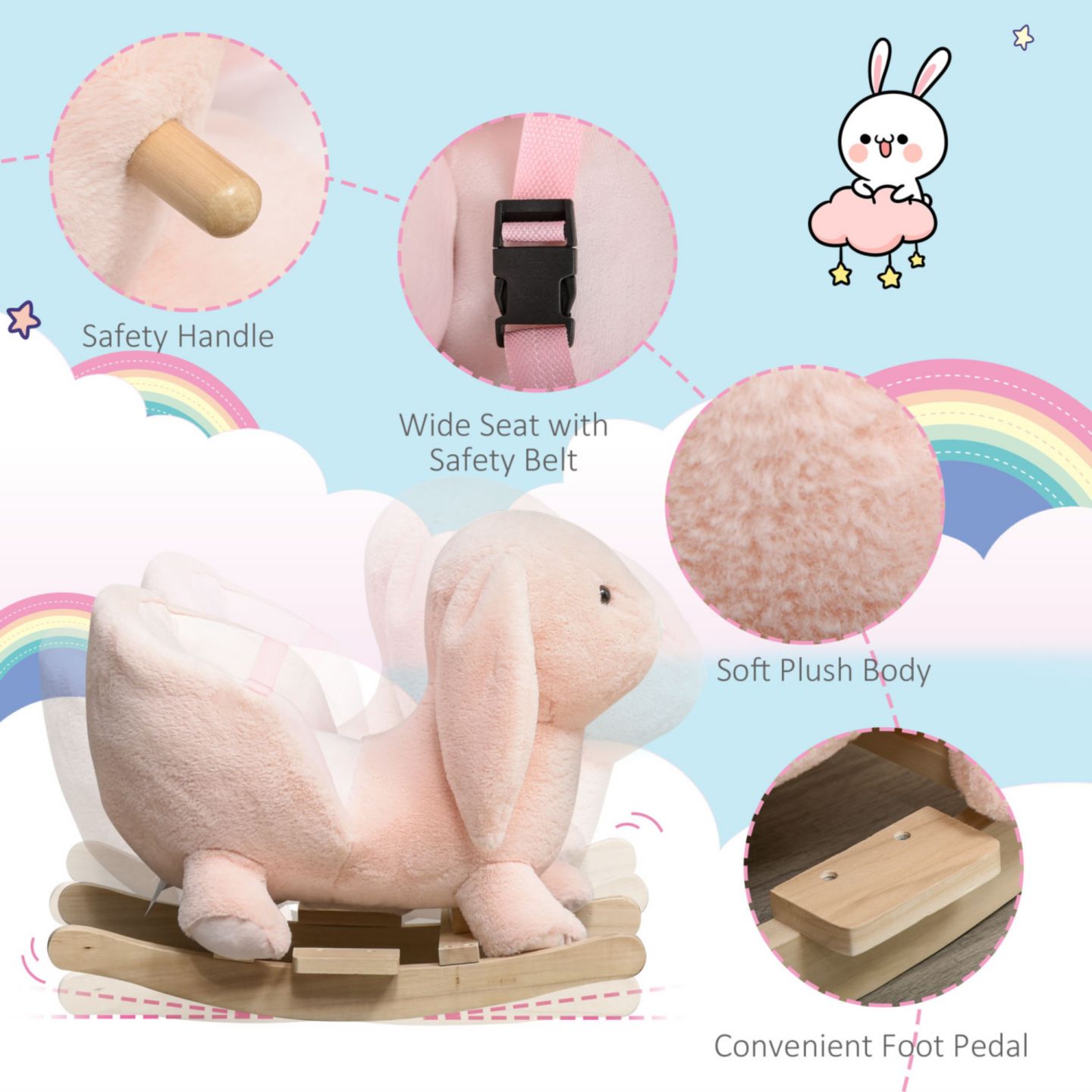 Детская игрушка Streamdale Furniture Rabbit Wooden Rocking Horse with Simulated Sound, 88 lbs Capacity, Ages 18-36 Months — фото 3