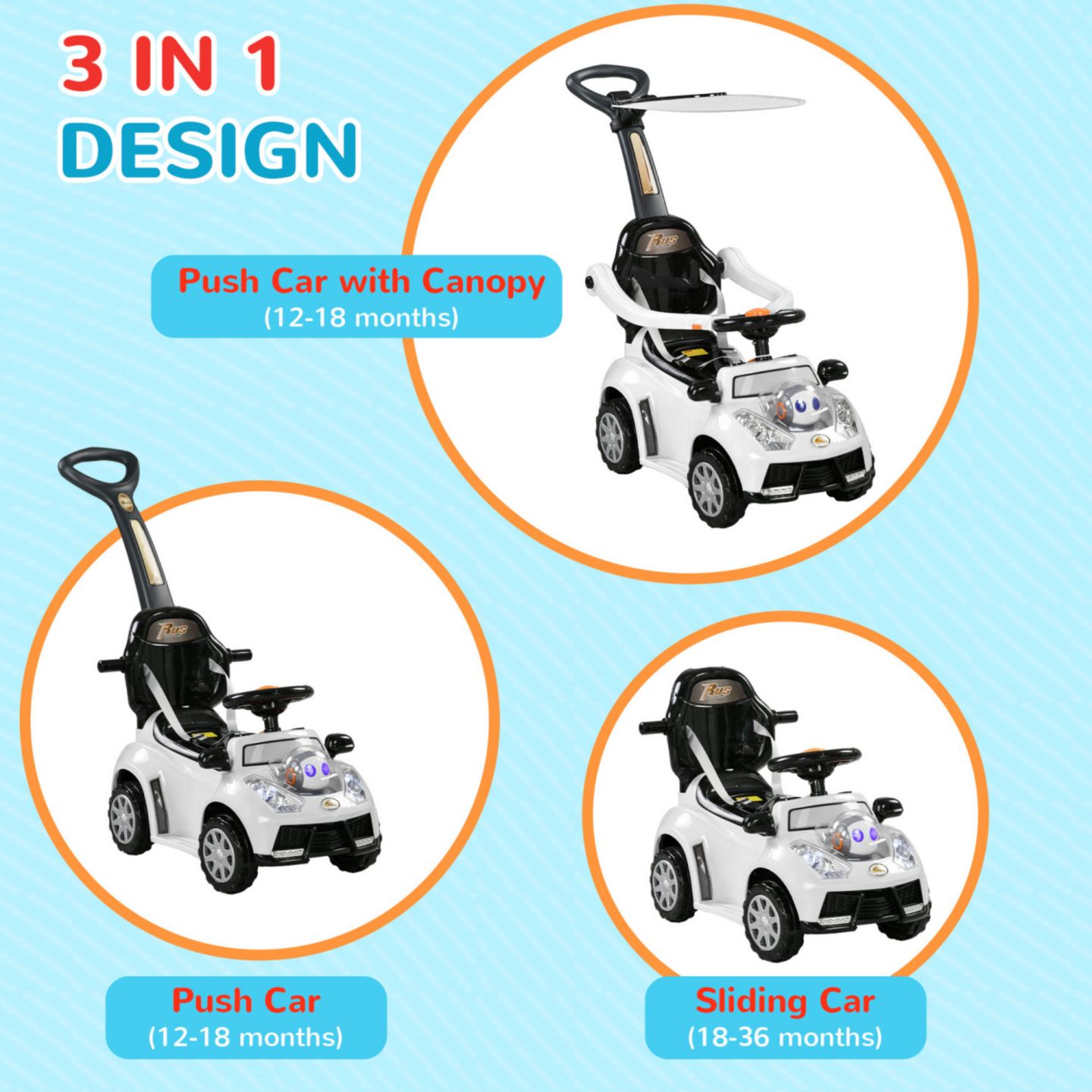 Детская игрушка Streamdale Furniture 3-in-1 Canopy Ride-On Push Car, 55 lbs. Capacity, Ages 1-3 — фото 2