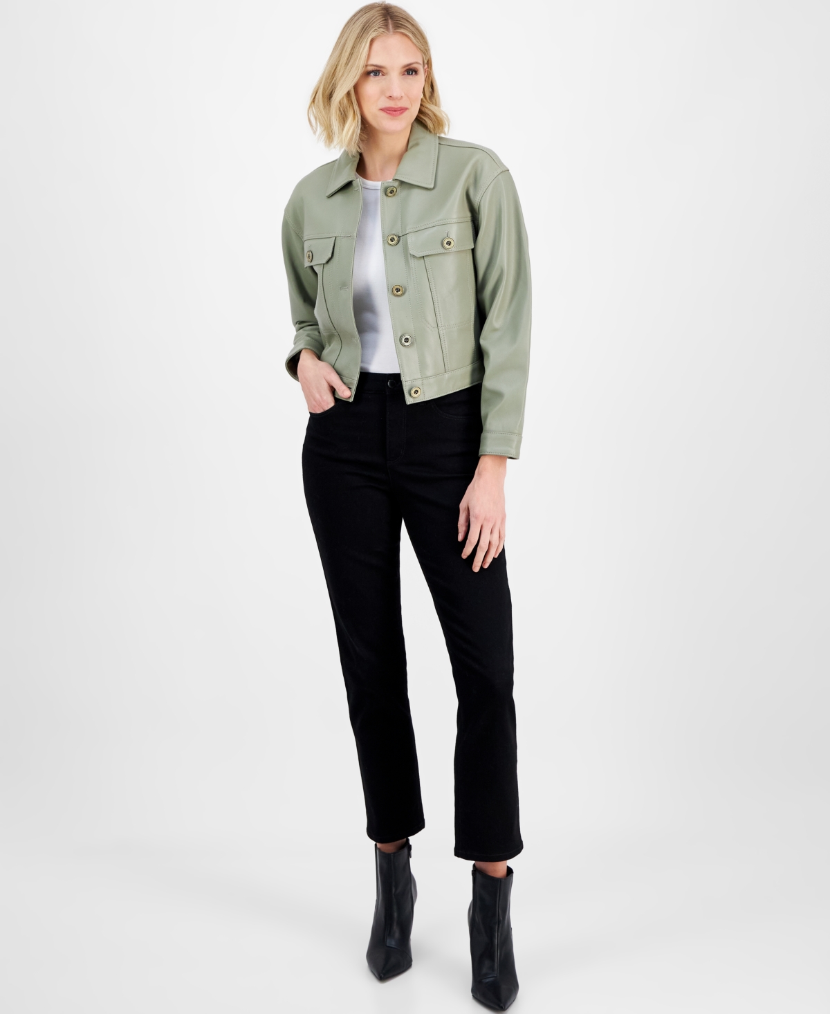 Michael Michael Kors Women's Button-Front Leather Jacket - Dusty Sage