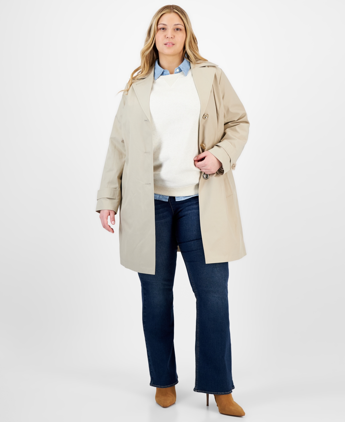 Shop Michael Kors Michael  Plus Size Notched Collar Button-front Coat, Exclusively At Macy's In Dune