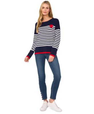 Womens Sailor Stripe Heart Trim Sweater Imitation Pearl Trim Skinny Jeans