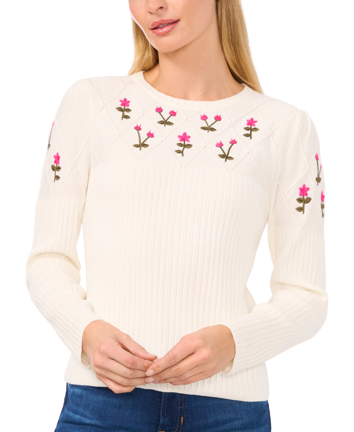 Cece Women's Cotton Embroidered Crewneck Sweater In Classic Navy