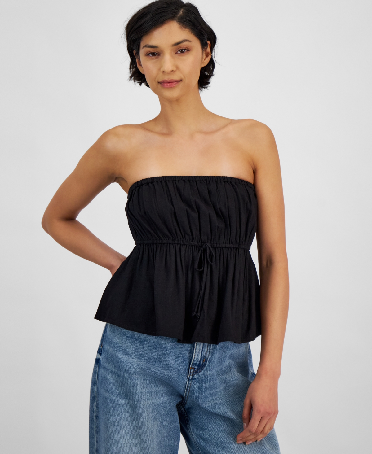 Women's Linen-Blend Strapless Tie-Front Top, Created for Macy's - Black