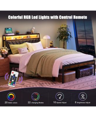 Queen Platform Bed with Upholstered Headboard & Charging Station