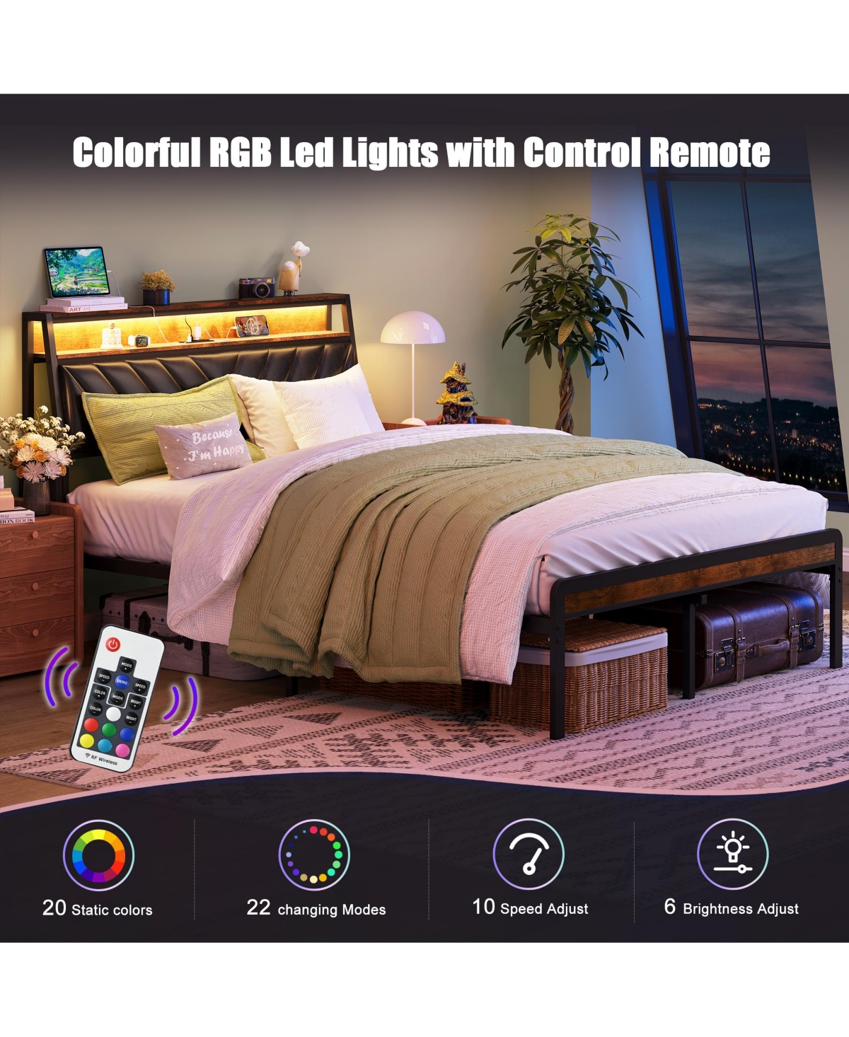 Simplie Fun Queen size Platform Bed Frame with 105-Degree Tilted Upholstered Headboard, Charging Station, Led Lights, Noiseless, Black and Brown