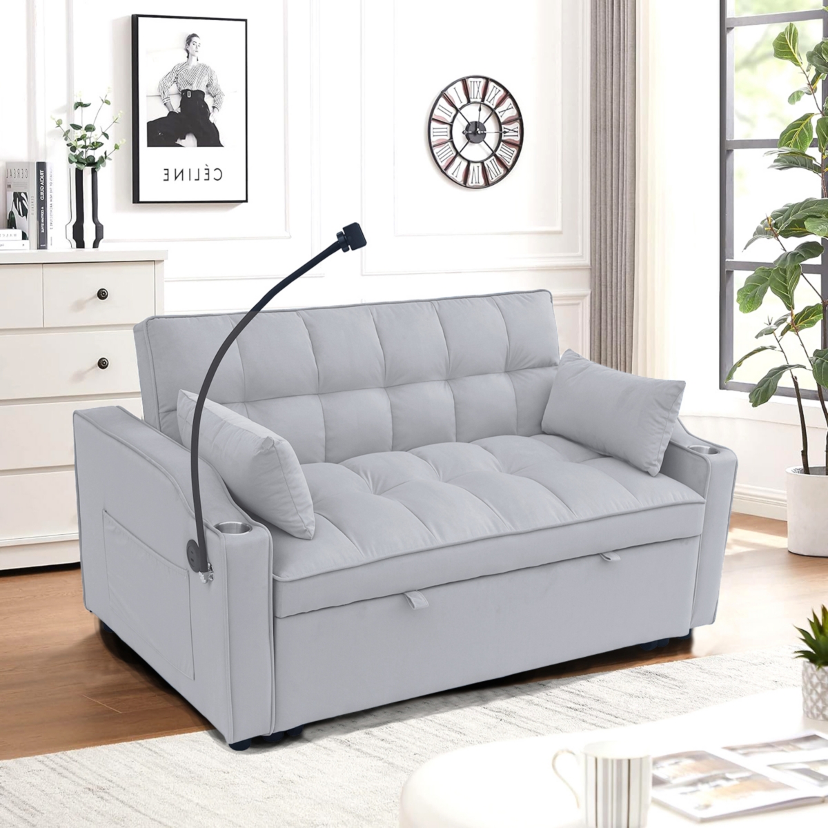 Streamdale Furniture Modern Velvet Loveseat Futon Sofa Couch w/Pullout Bed, Small Love Seat Lounge Sofa with adjustable Reclining Backrest, Toss Pillo