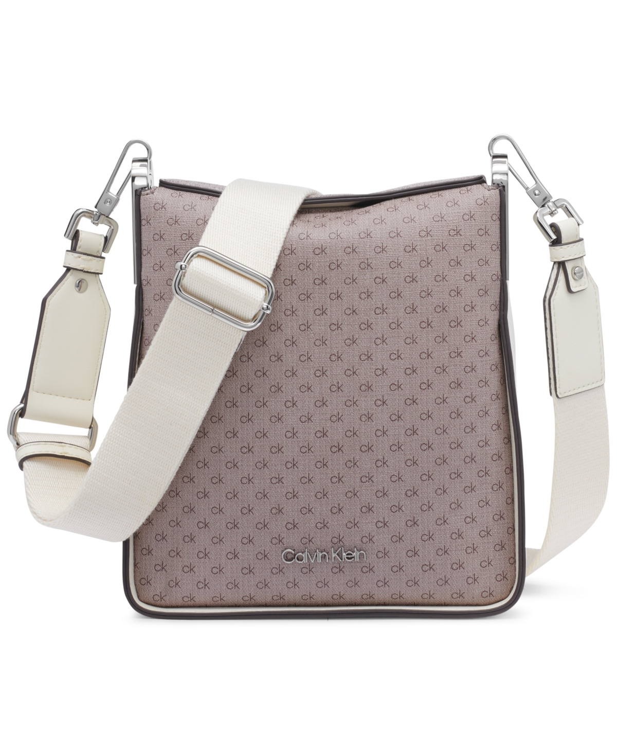 Calvin Klein Fay Mini Signature Adjustable Crossbody With Magnetic Top Closure In Almond Taupe,cherub White