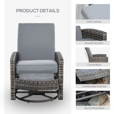 Outdoor Wicker Swivel Recliner Chair, Reclining Backrest, Lifting Footrest, 360 Rotating Basic, Water Resistant Cushions for Patio, Gray