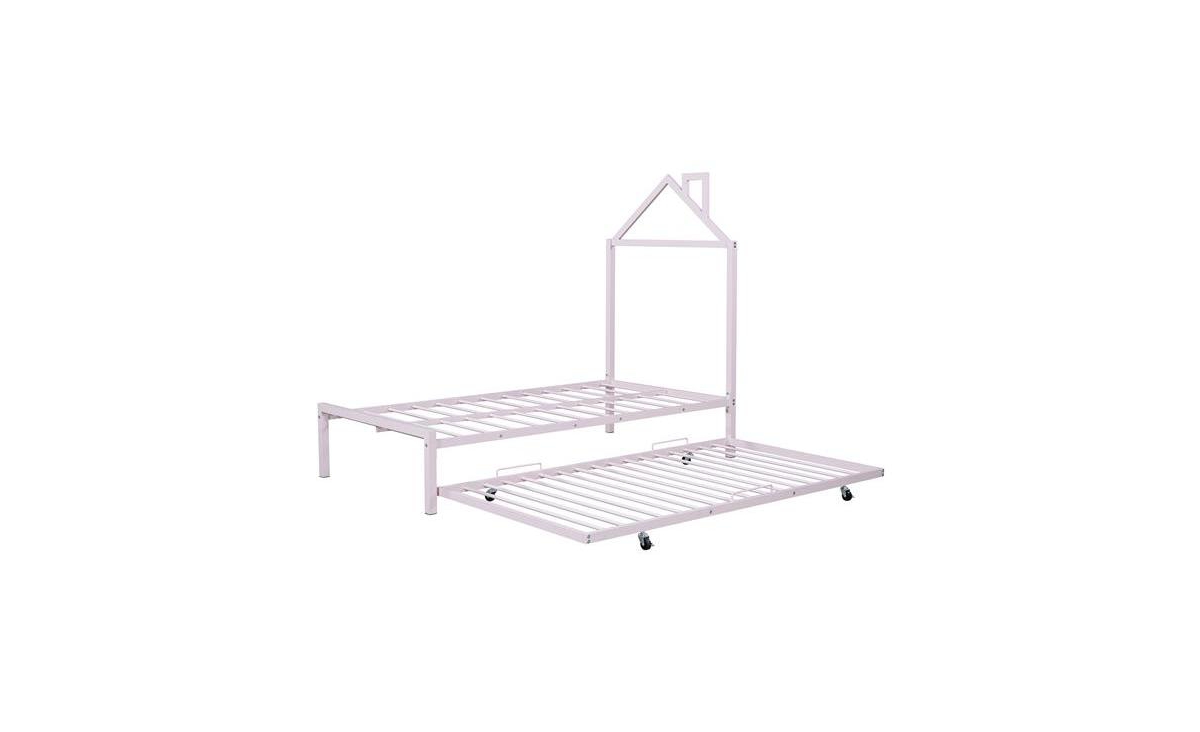 Slickblue Twin Size Metal Platform Bed with Trundle and House-Shaped Headboard for Kids or Guests
