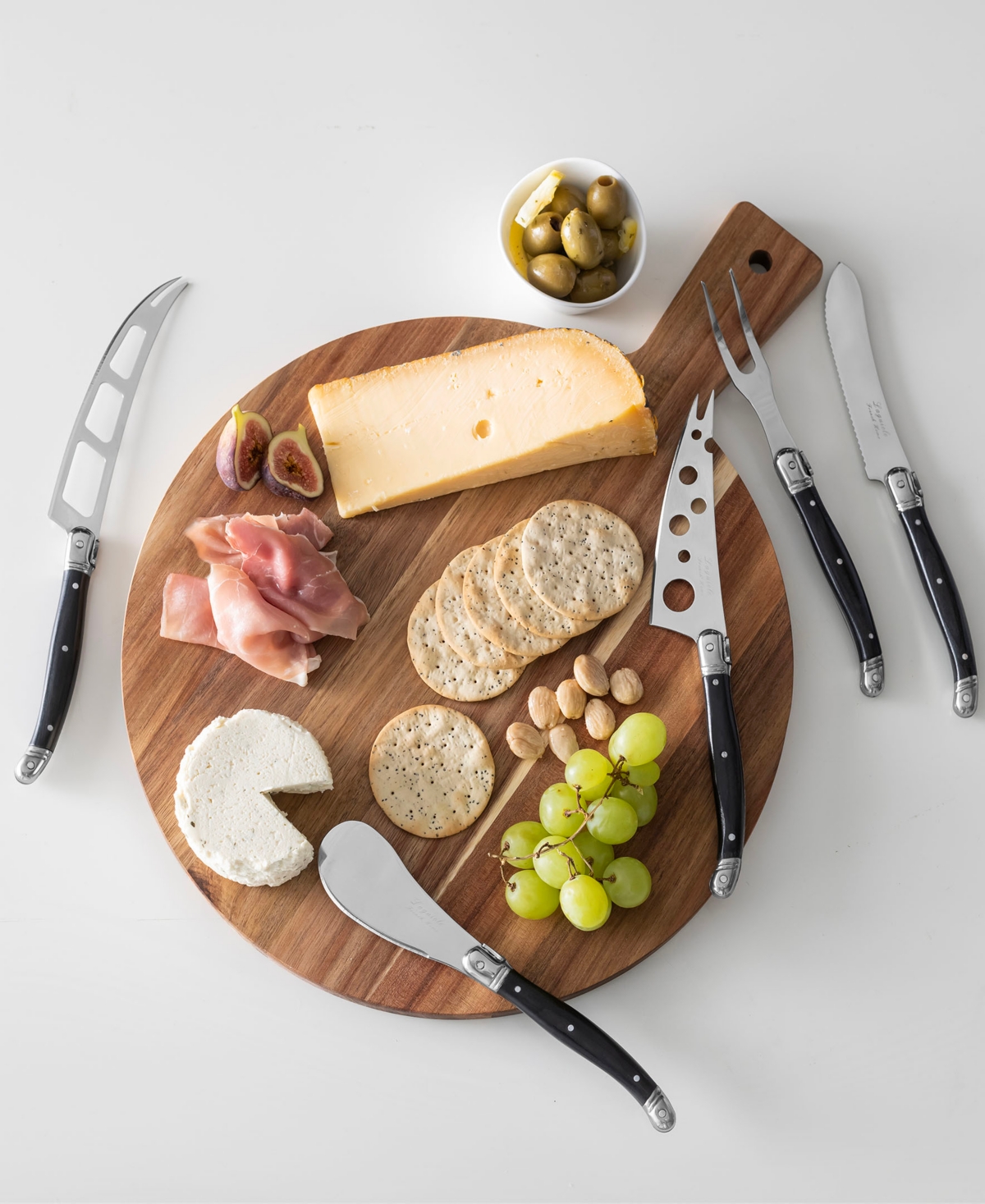 French Home Laguiole 6-piece Artisan Cheese Knife Set And Round Wood Board In Black And Wood