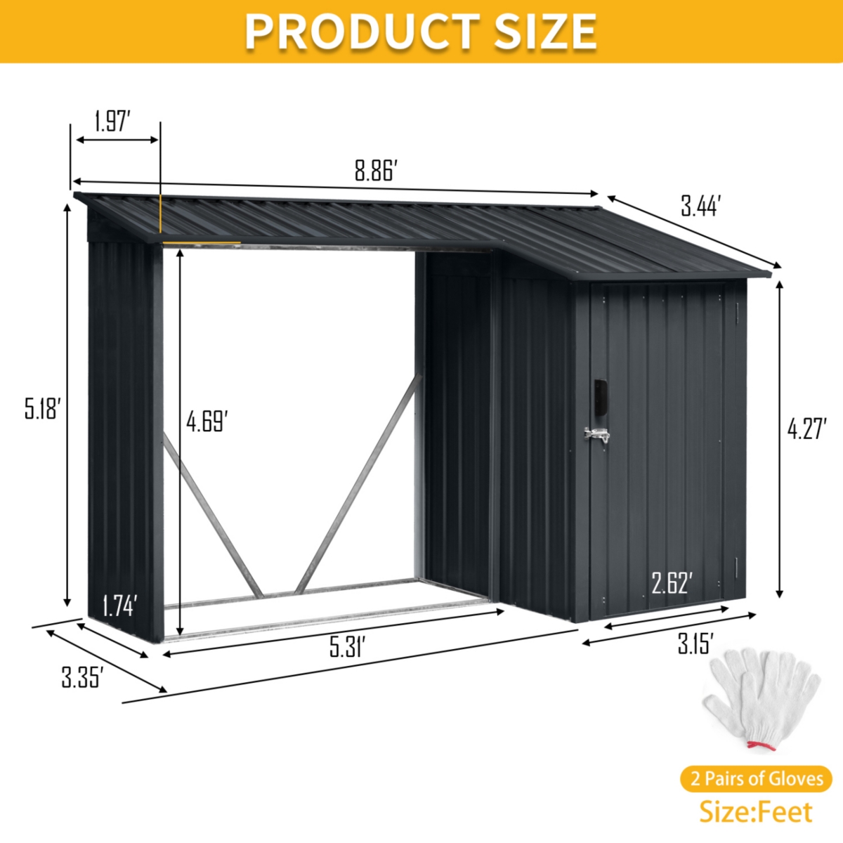 Streamdale Furniture Outdoor Steel Firewood Rack and Metal Storage Shed, Two-In-One,- Black